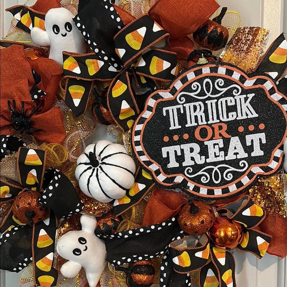 HALLOWEEN WREATH Fall Hand Crafted Trick Treat Wreath Custom Design FINAL SALE